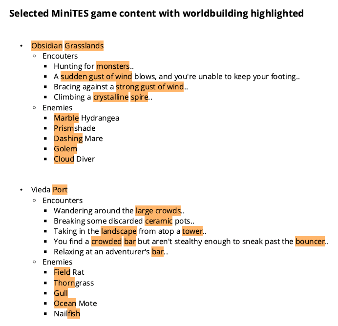 MiniTES ingame text with worldbuilding words highlighted